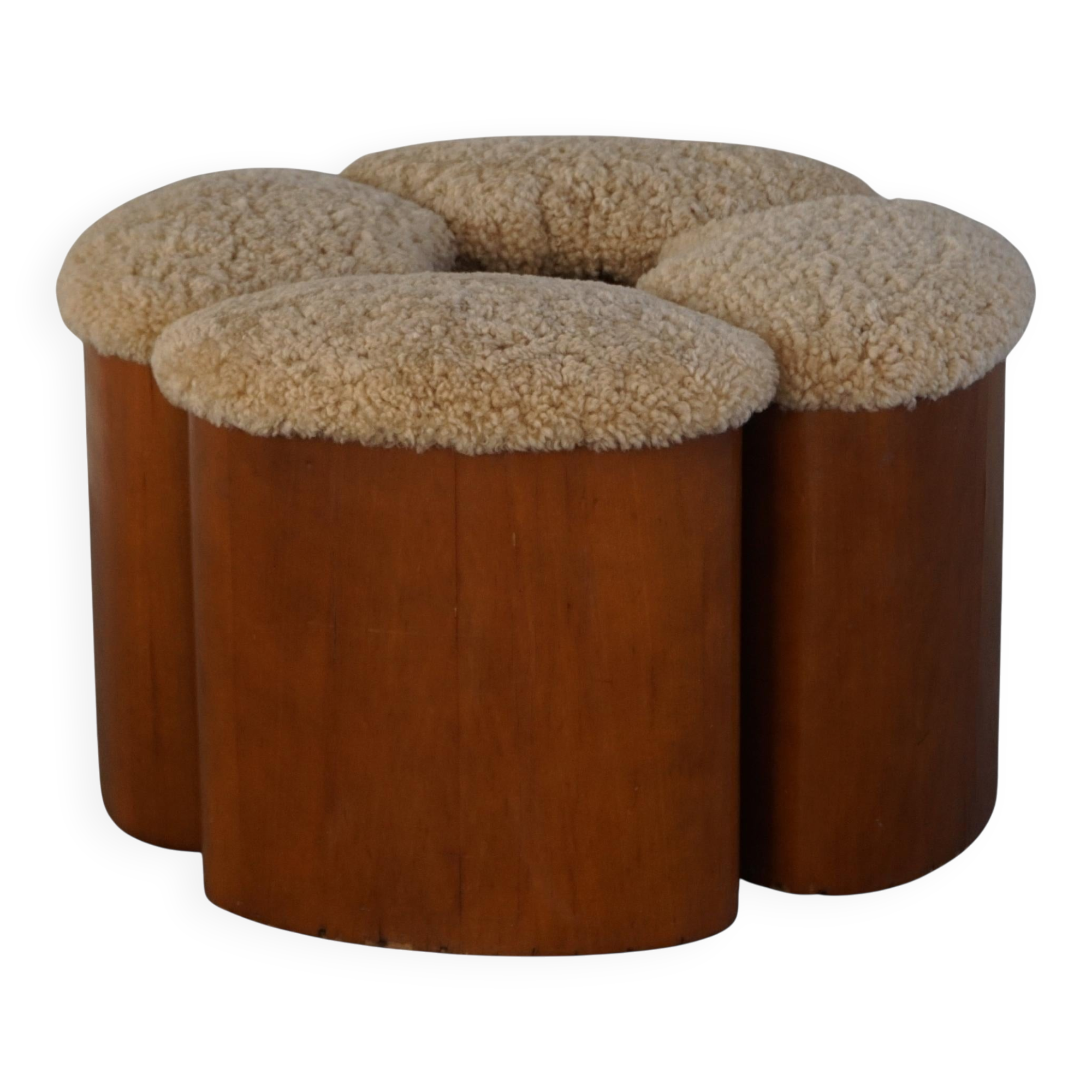 Set of 4 sculptural French Art Deco stools in wood and lamb's wool, 1940s.