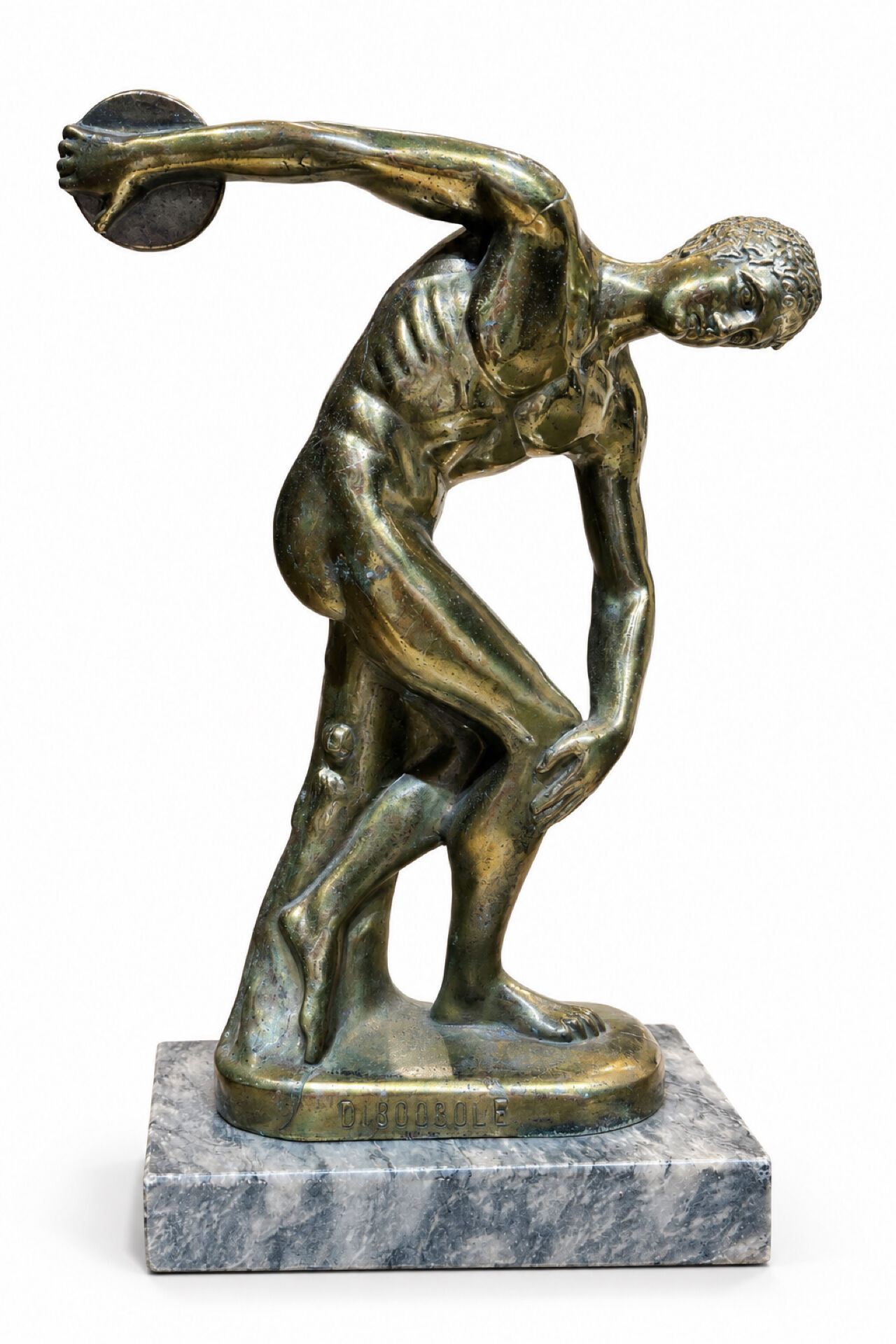 Discobole Metame, sculpture de style Art déco à patine bronze sur socl