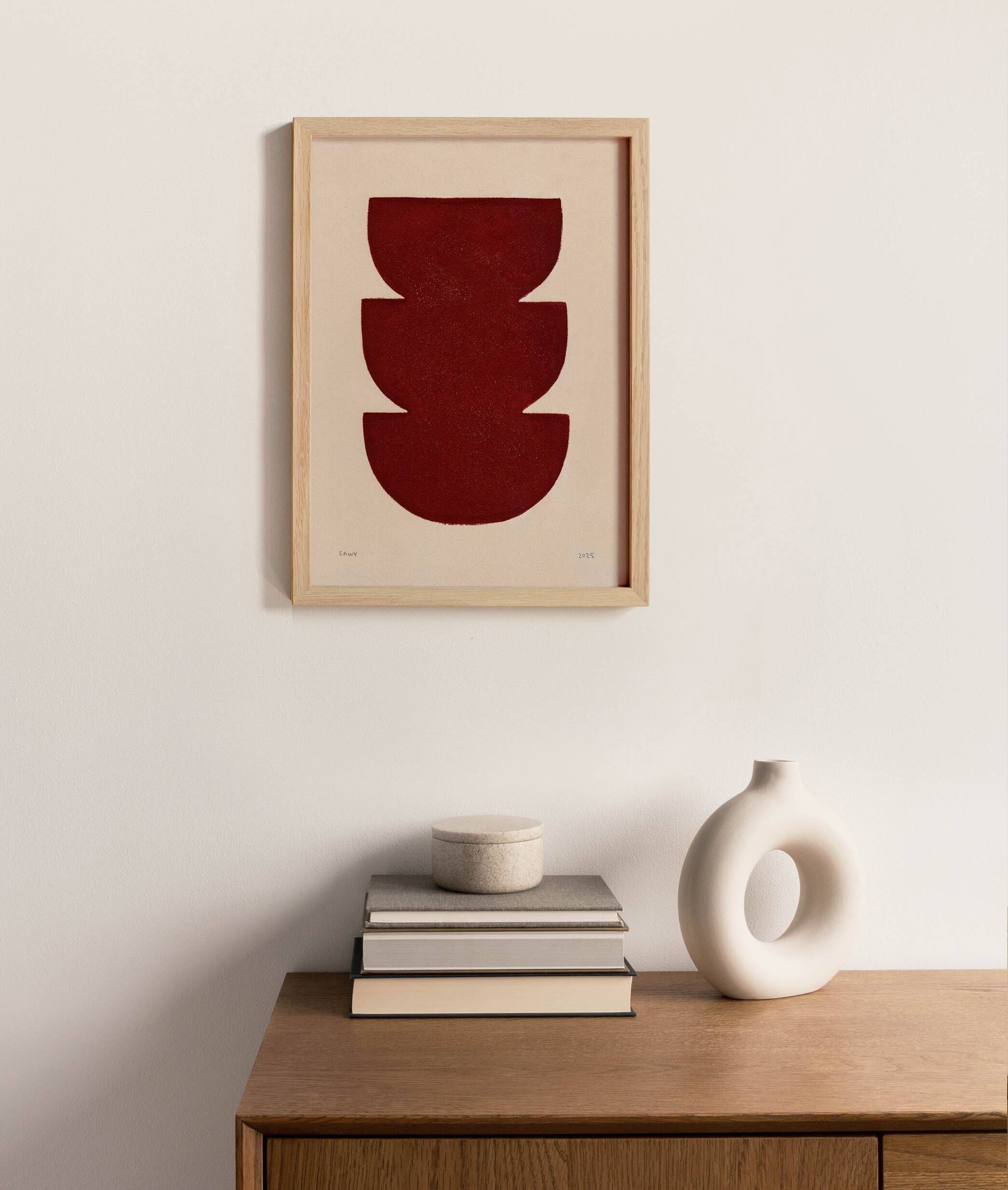 Abstract painting on paper, dark red illustration signed Eawy.