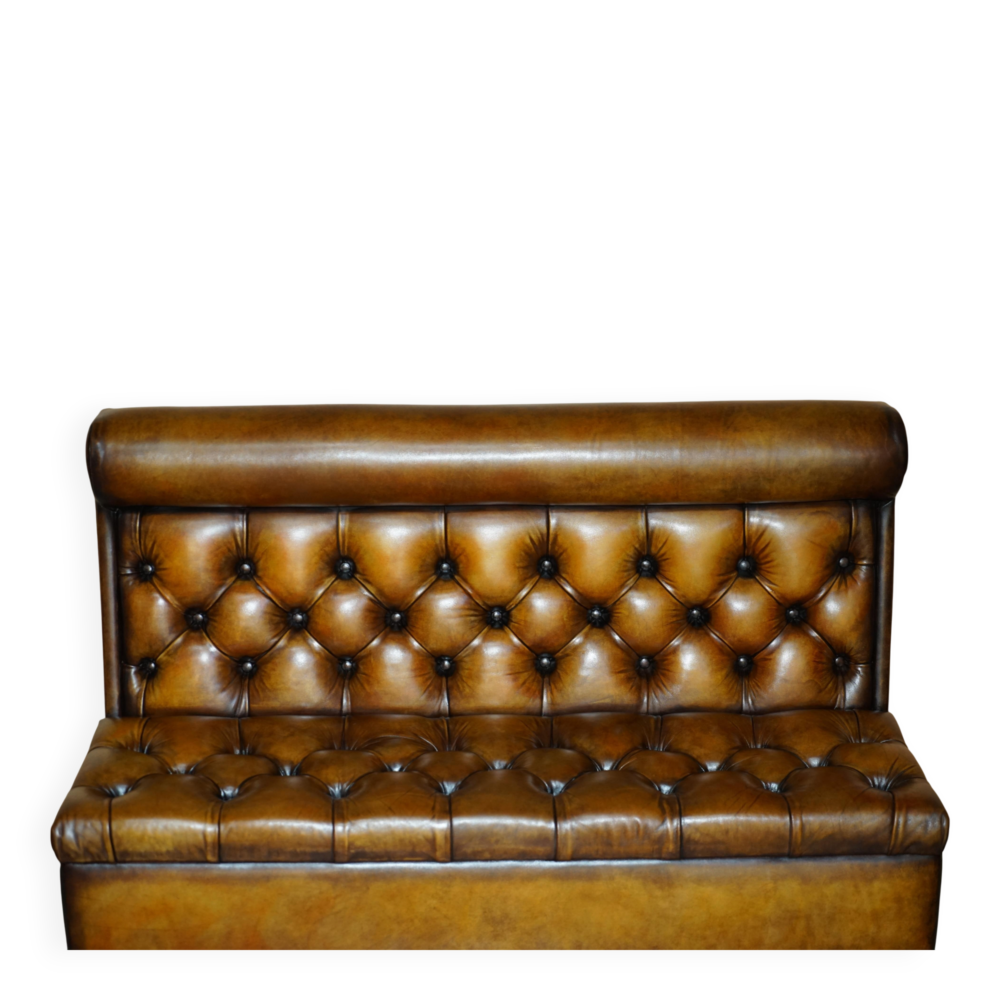 Pair of Victorian Chesterfield pub benches in leather.