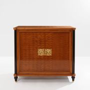 Jules Leleu cherry wood cabinet with marquetry, 2 doors, bronze, 1940.