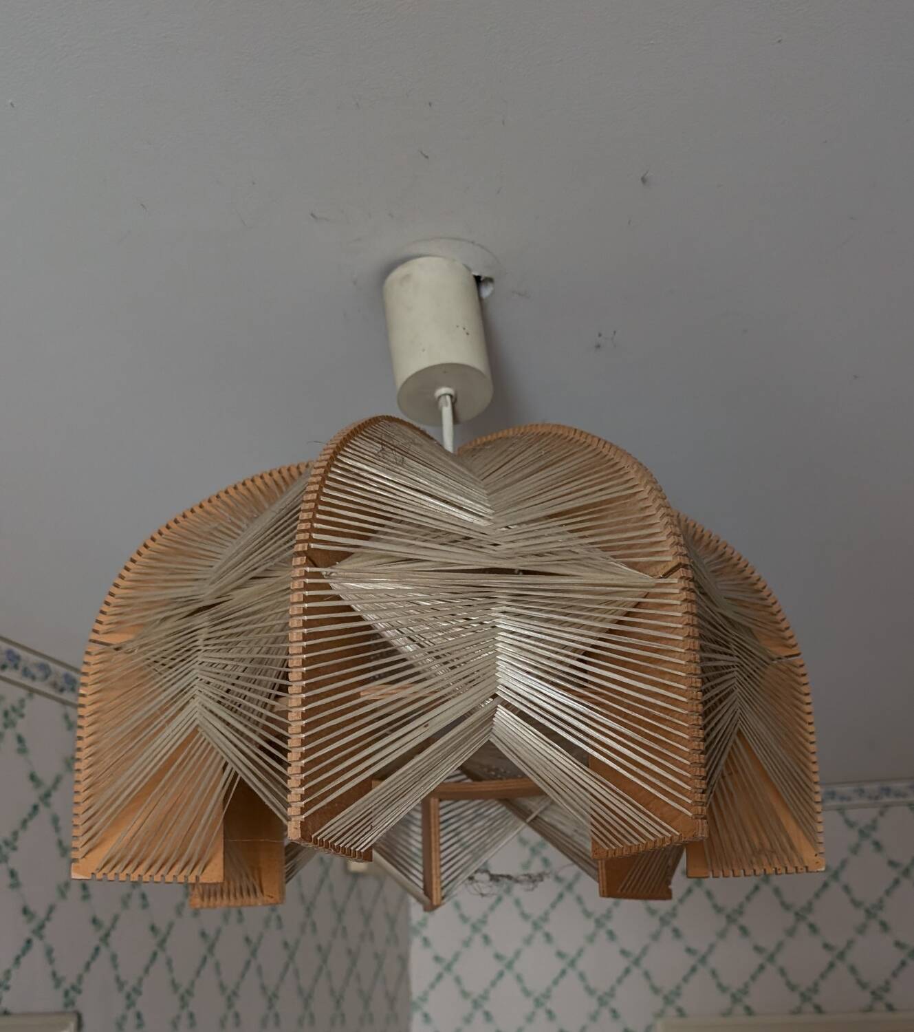 Vintage Scandinavian wood and raffia pendant chandelier