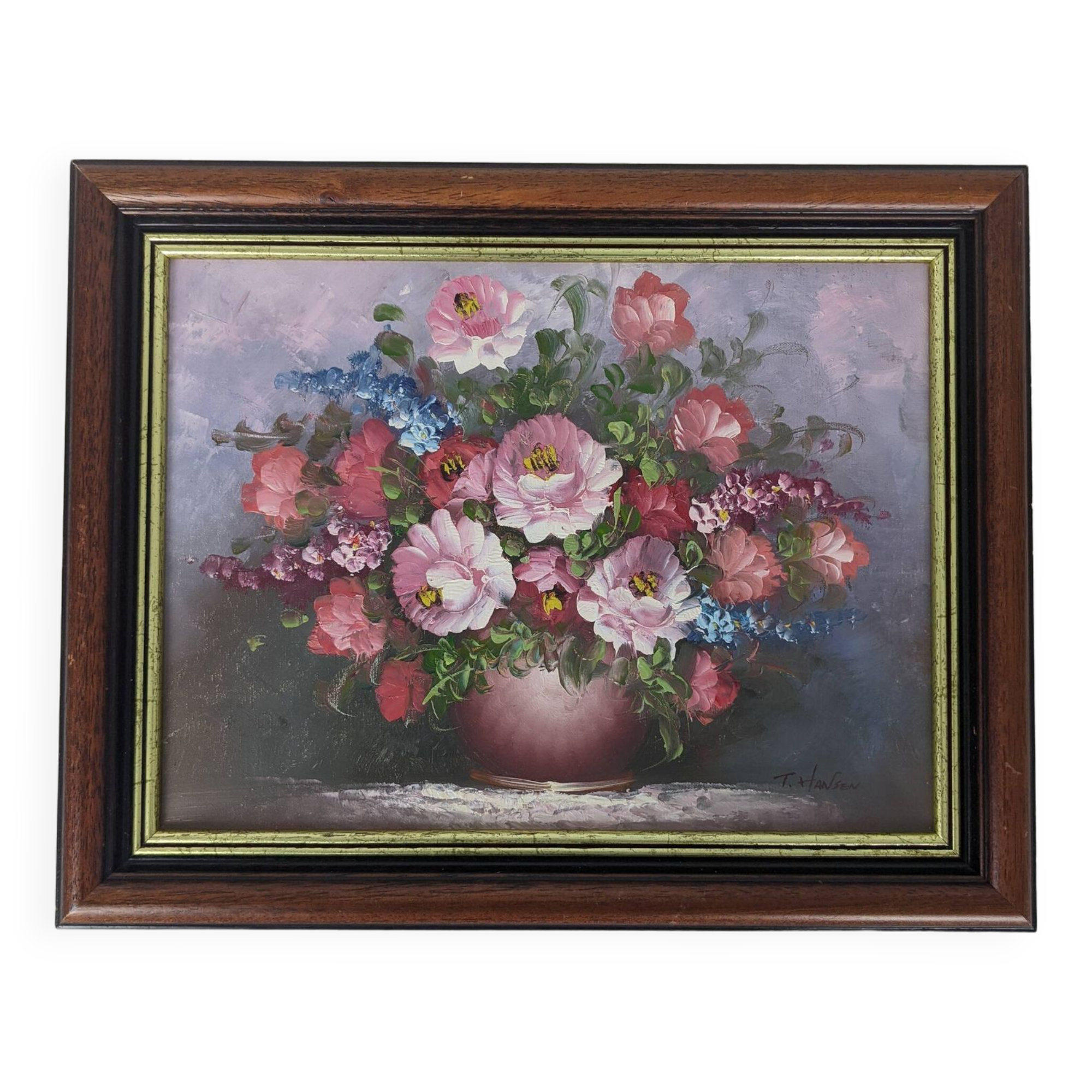 Vintage framed oil painting of flowers by T. Hansen | Selency