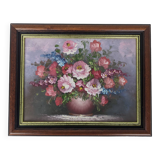 Peinture à l’huile vintage encadrée de fleurs par T. Hansen