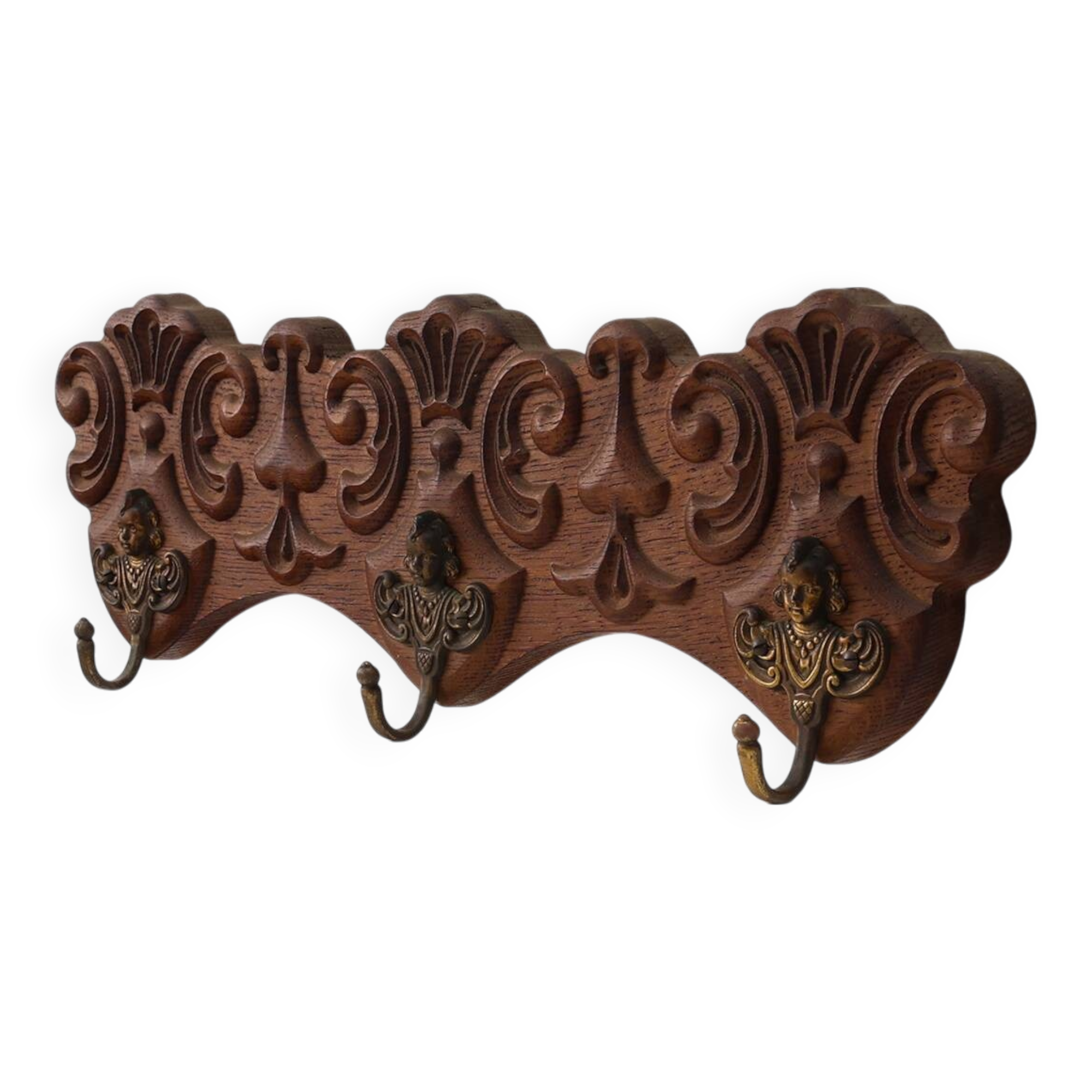 Antique Carved oak Wall mount coat rack with 3 brass angel hooks, France