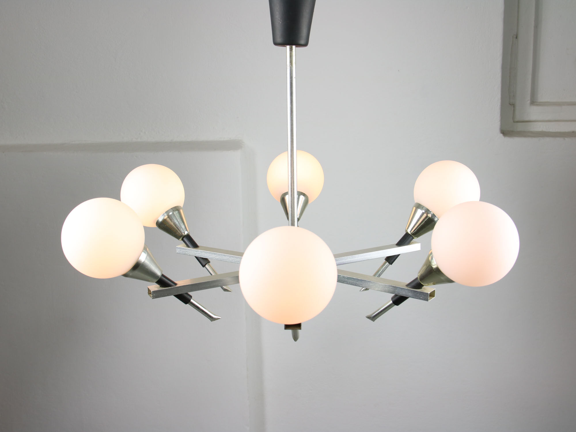 Italian Space-age Aluminum and Opaline Glass Chandelier