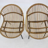 1970s pair of Alan Fuchs rattan and iron lounge chairs, Czechoslovakia