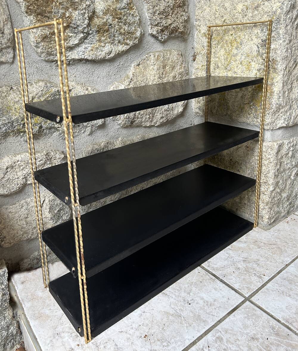 Double gold metal string shelves and black trays, vintage, 60s