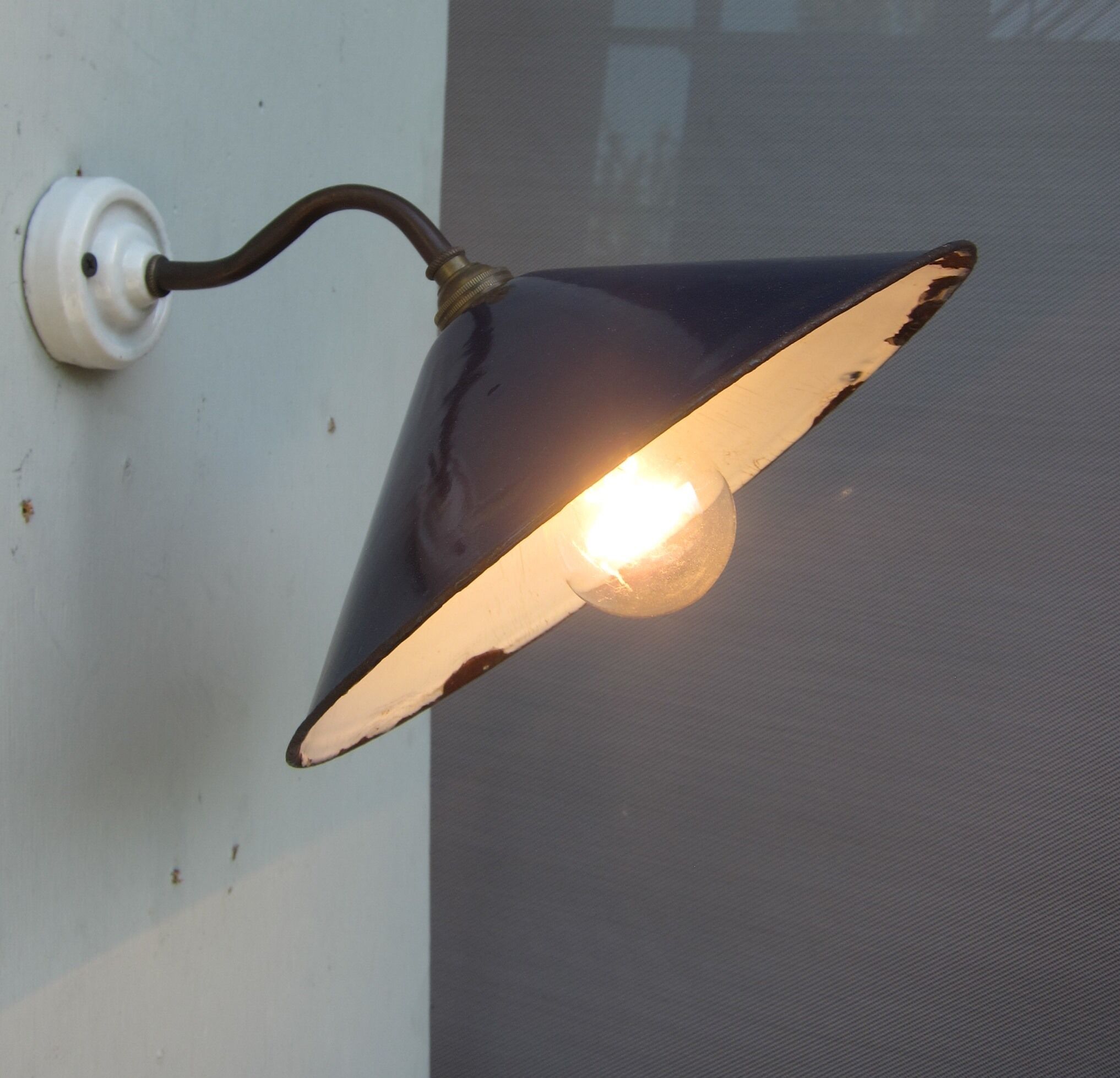Wall lamp royal blue enamelled metal conical umbrella