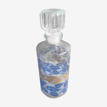 Ancienne bouteille flacon verre moule décor feuille bleu & or + bouchon vintage