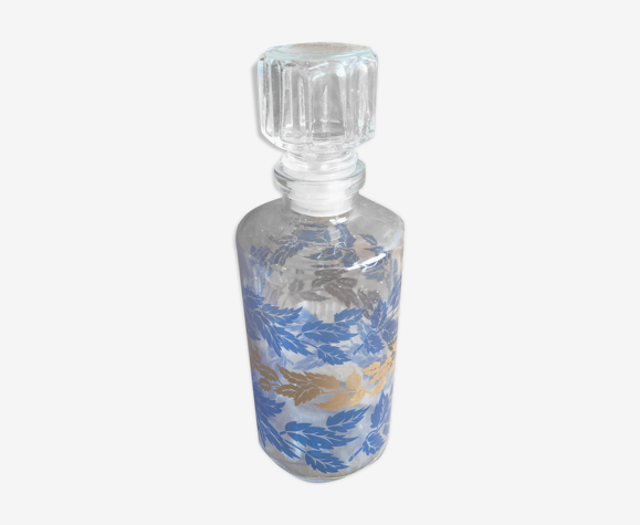 Ancienne bouteille flacon verre moule décor feuille bleu & or + bouchon vintage