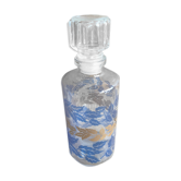 Ancienne bouteille flacon verre moule décor feuille bleu & or + bouchon vintage