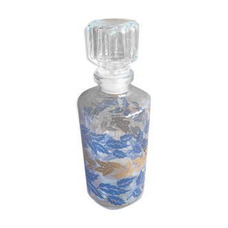 Ancienne bouteille flacon verre moule décor feuille bleu & or + bouchon vintage