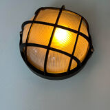 Vintage wall lamp, black metal and ridged glass, France 1980.