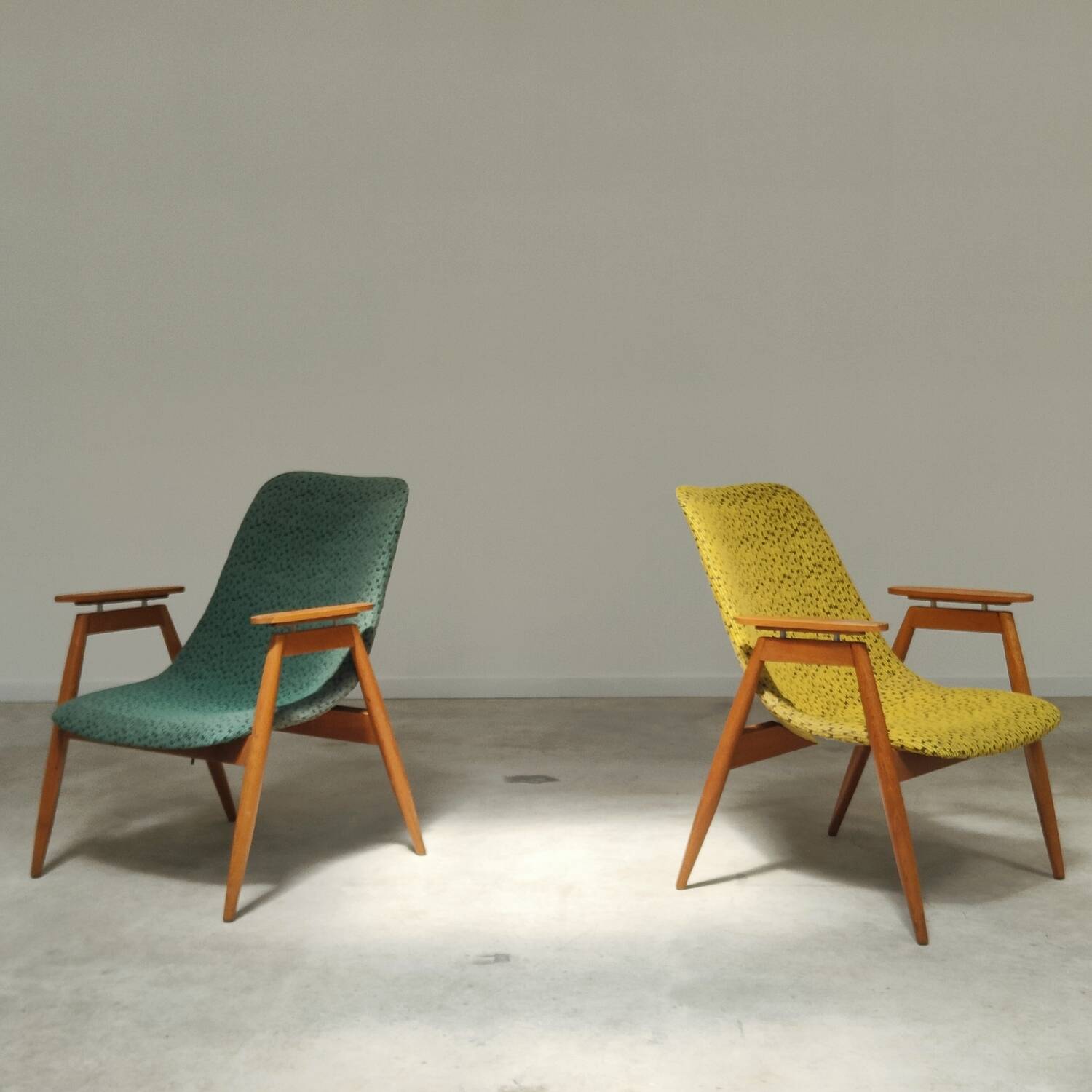 Pair of yellow and green resin and wood armchairs by Miroslav Navratil