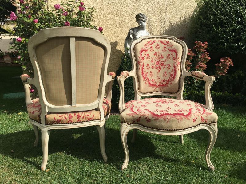 Pair of Louis XV period lacquered cabriolet armchairs, 18th century
