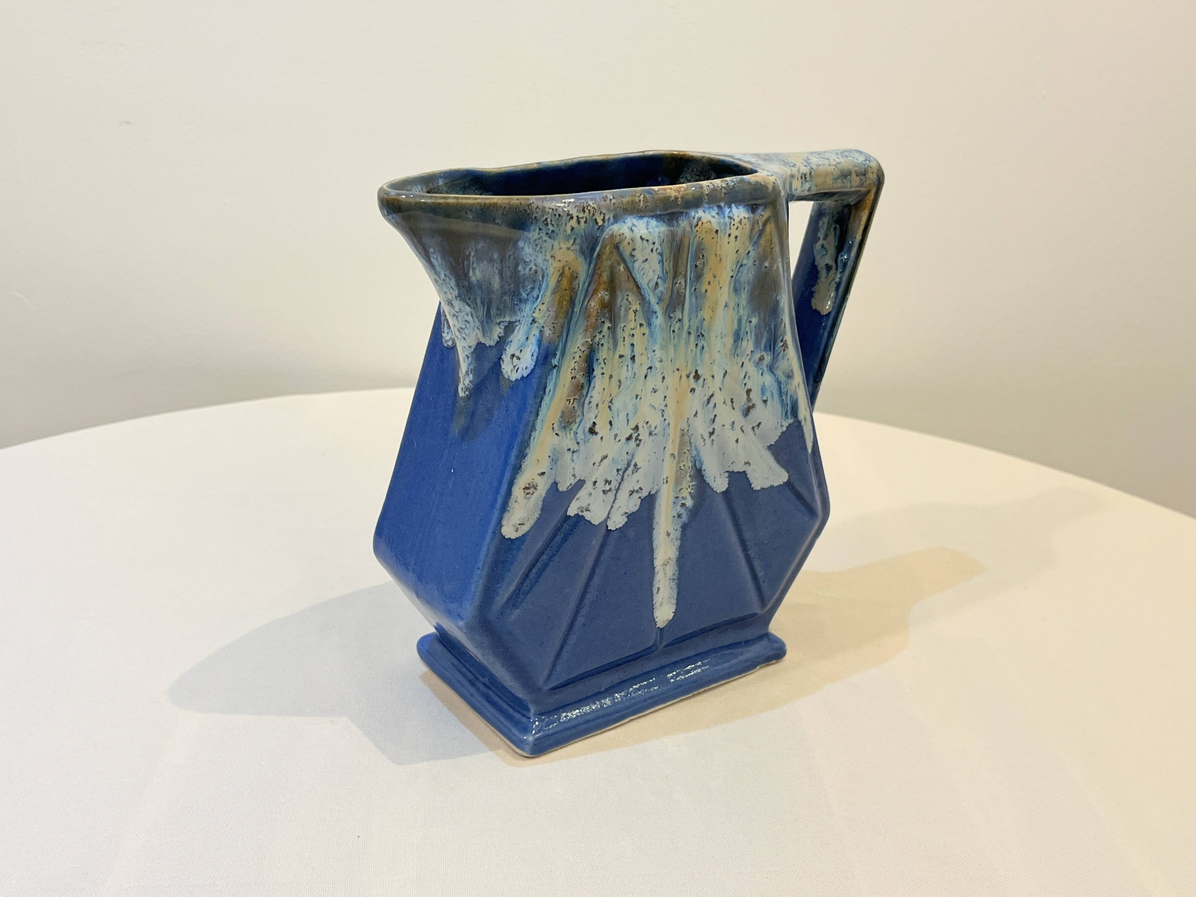 Large vintage art deco pitcher alpho in fat lava blue ceramic vase signed