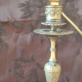 Electrified candlestick lamp, bronze tripod table lamp with goat's feet