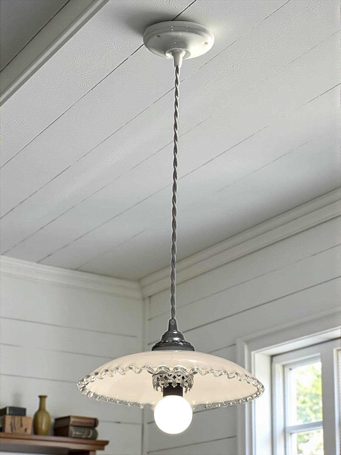 Art Deco opaline pendant light with metal lace balcony