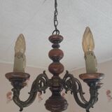 5-branch wood and brass chandelier