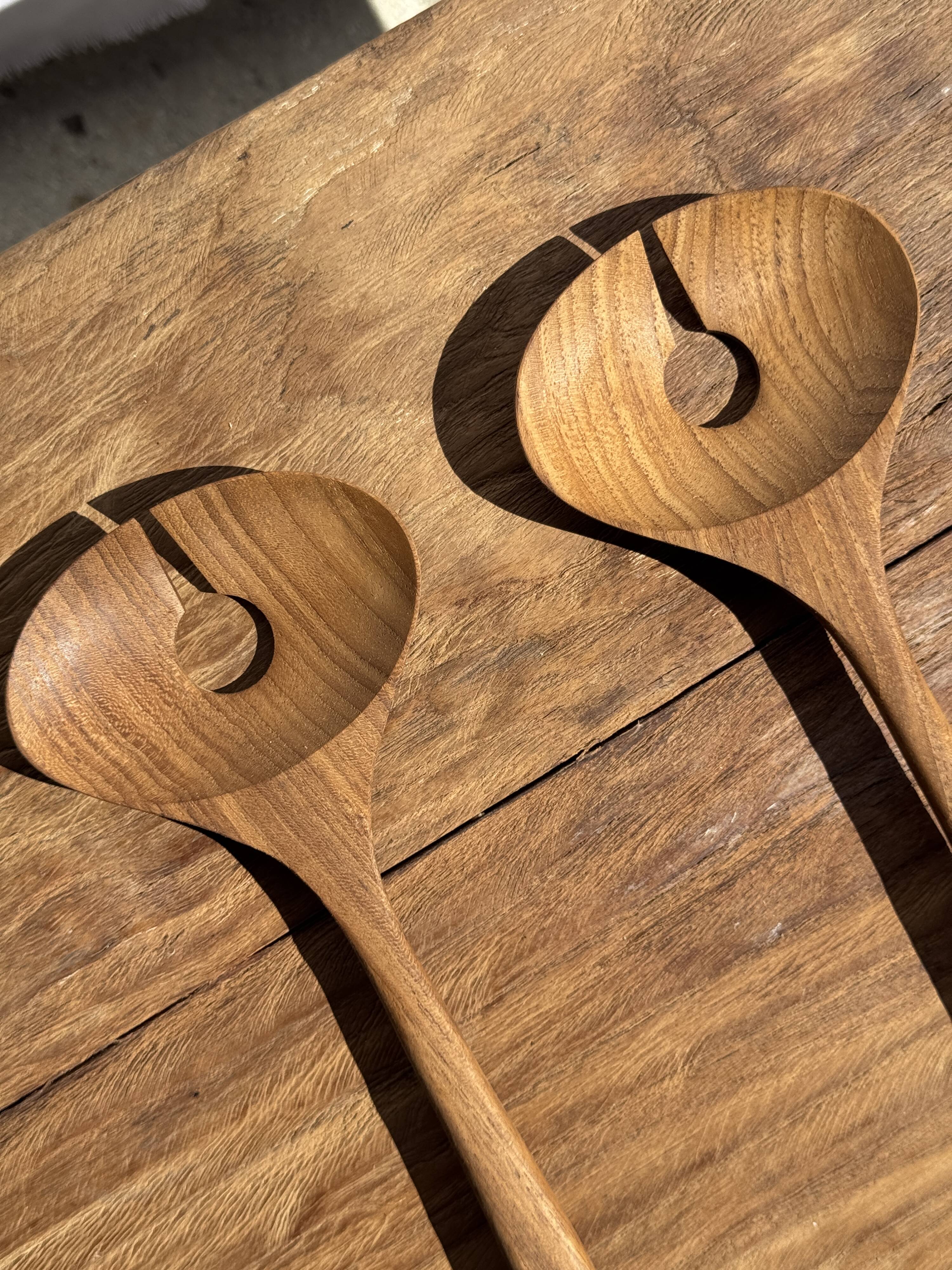 Salad server or large teak spoon, oval shape, split, L30 D9