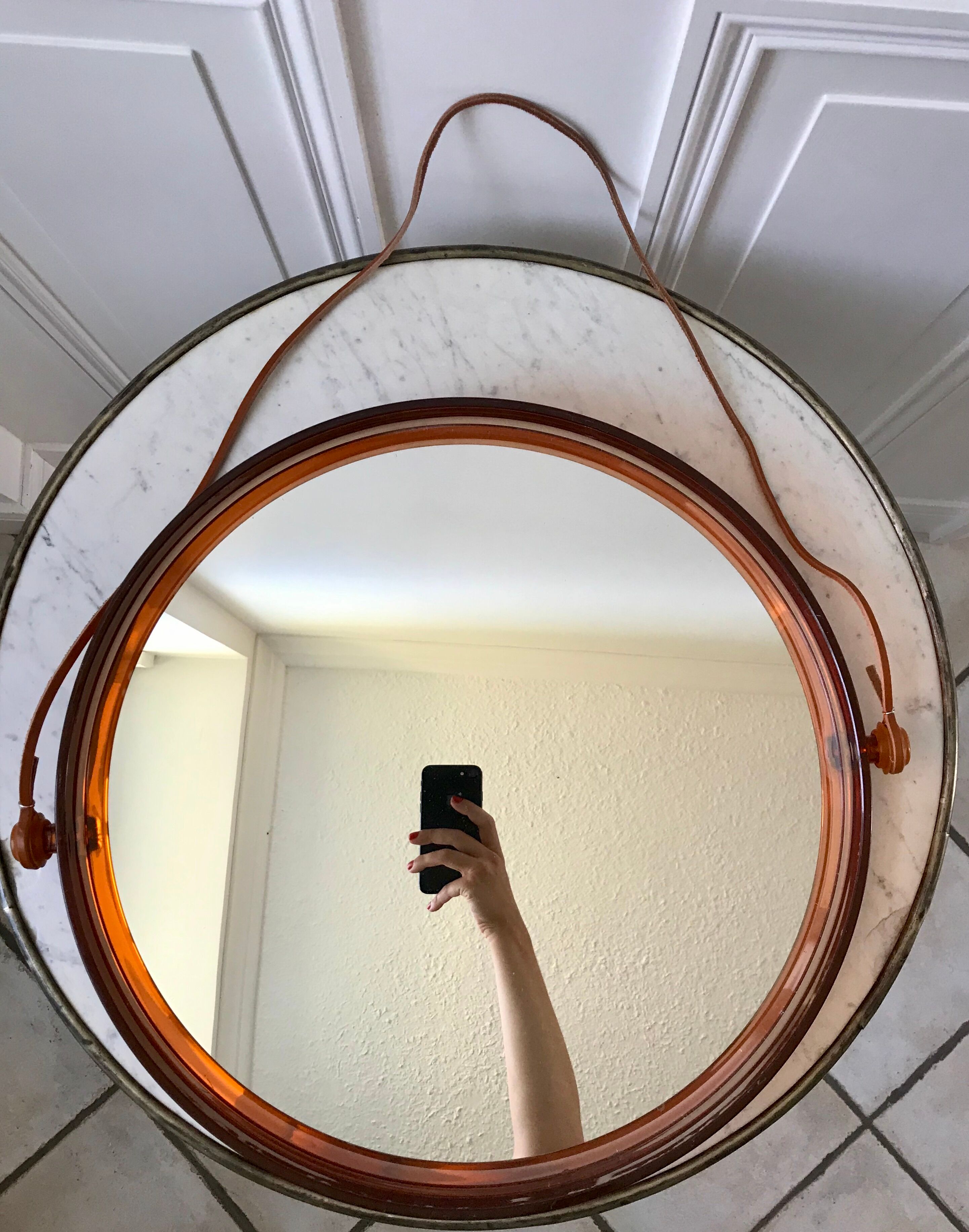 mirror cap brown orange design plexi and leather strap Made in France 1974