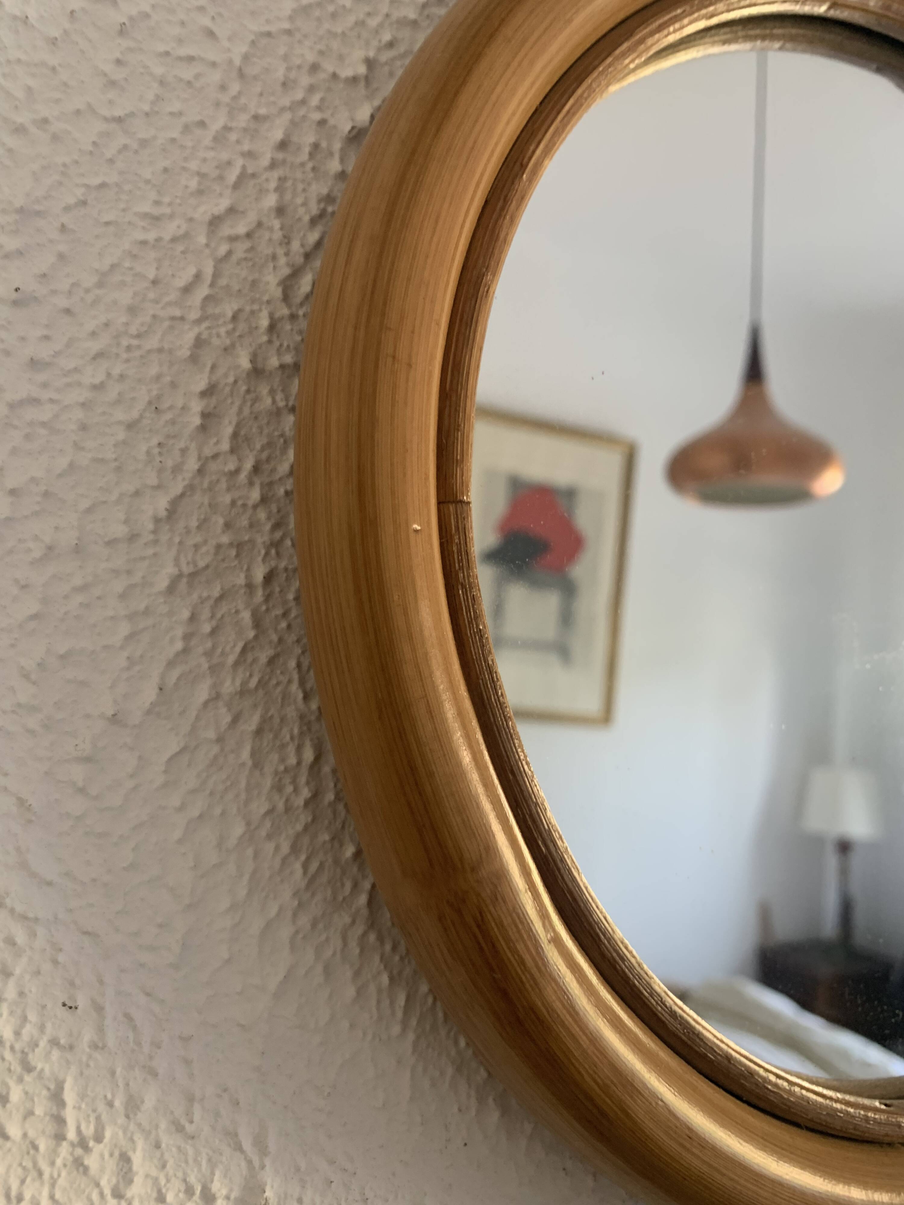 Vintage 1960s apple mirror, rattan, wicker, bamboo - 32 x 35 cm