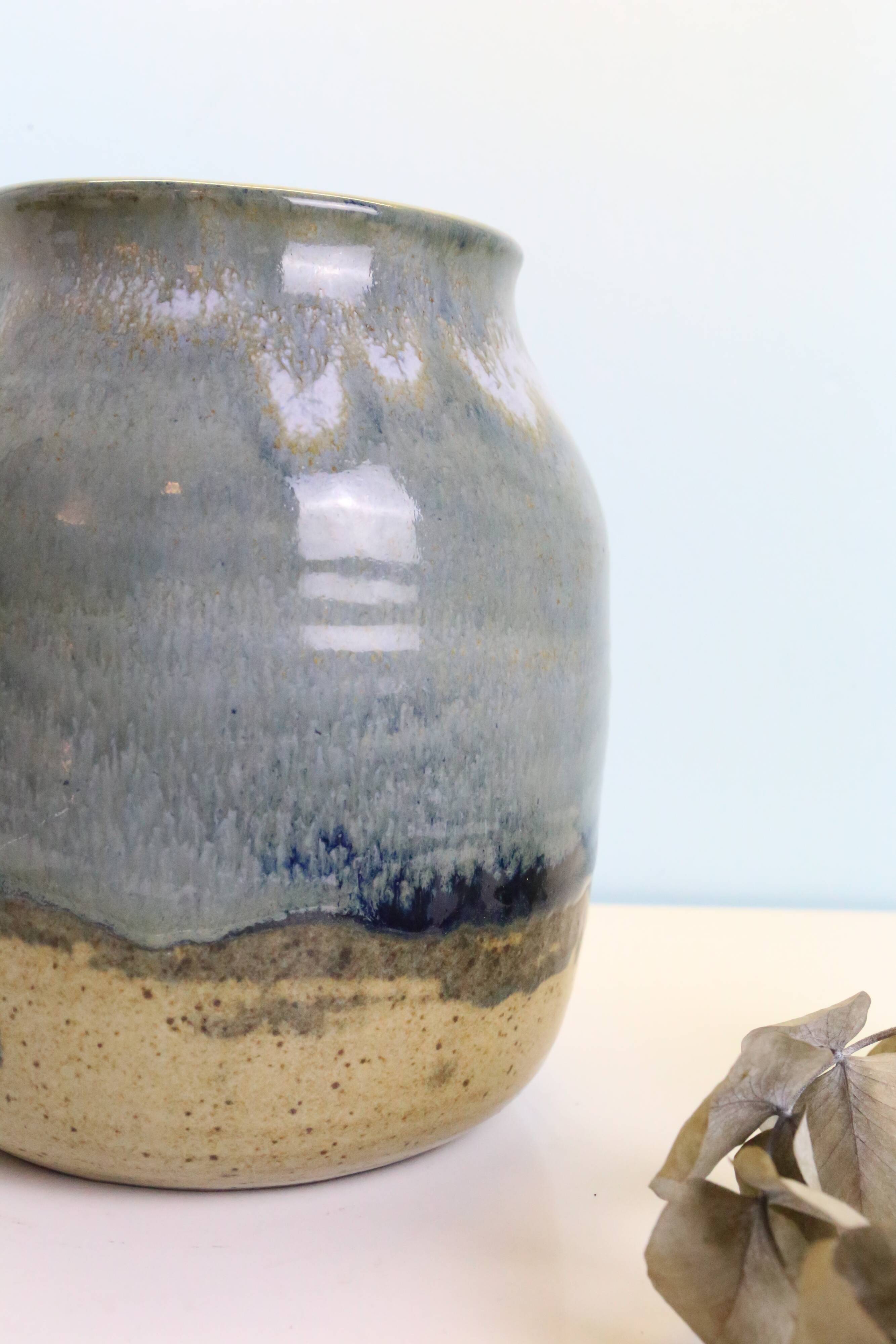 Large enamelled stoneware pot, Taizé pottery, blue and beige, vintage