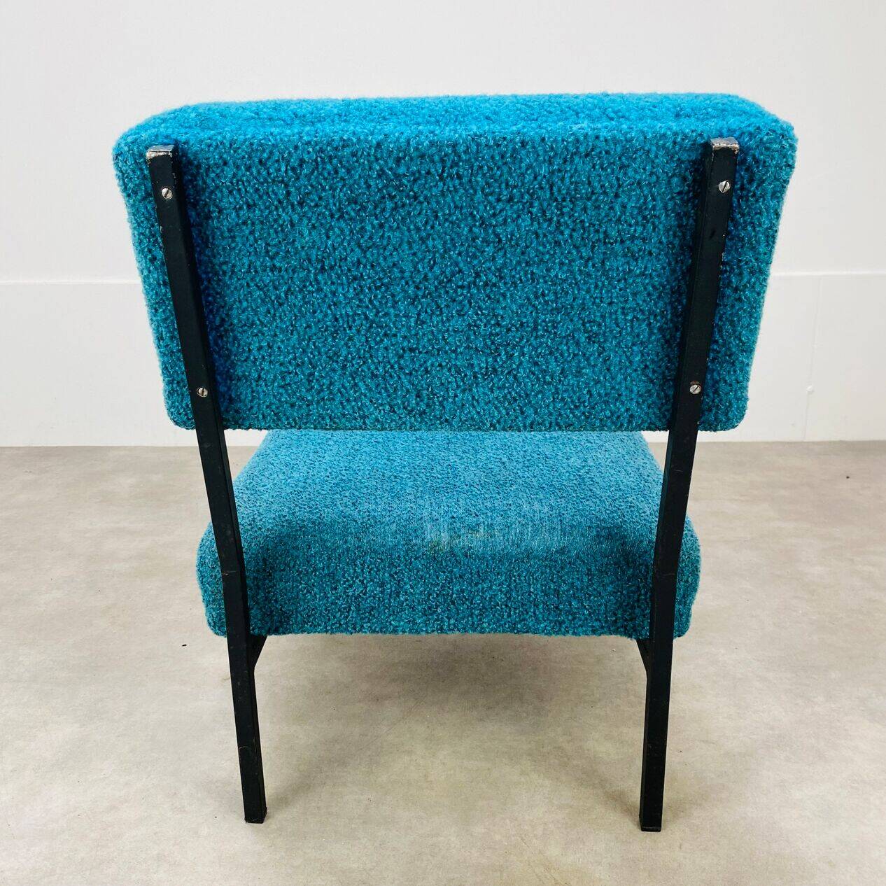 Modernist armchair from the 1950s in vintage blue boucle fabric.