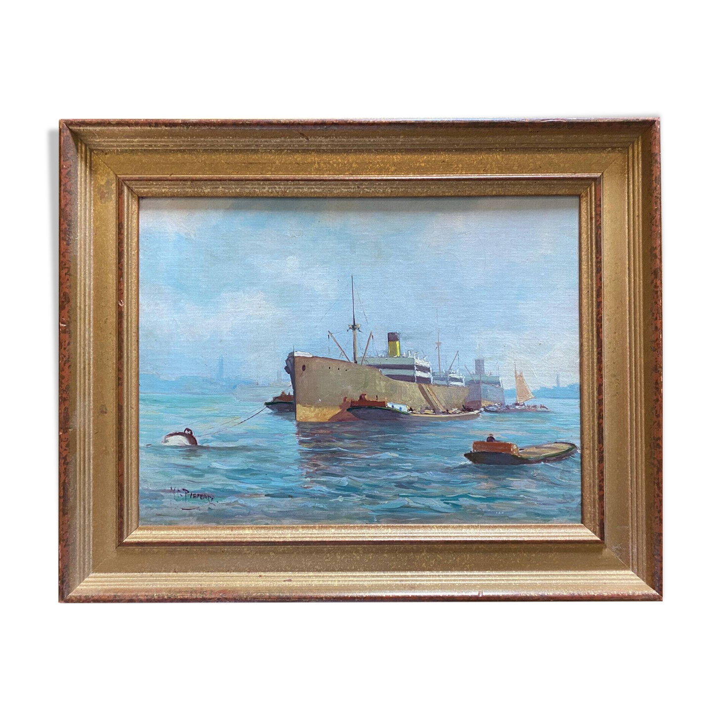 HSP Marine Orientalist port boat signed around 1950 + frame