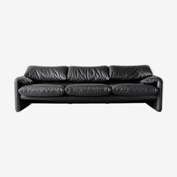 Maralunga black leather sofa 3 seater, Vico Magistretti for Cassina