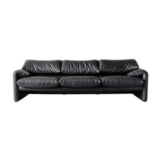 Maralunga black leather sofa 3 seater, Vico Magistretti for Cassina