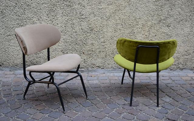 Set of two chairs in painted metal and fabric, Italy, 1950