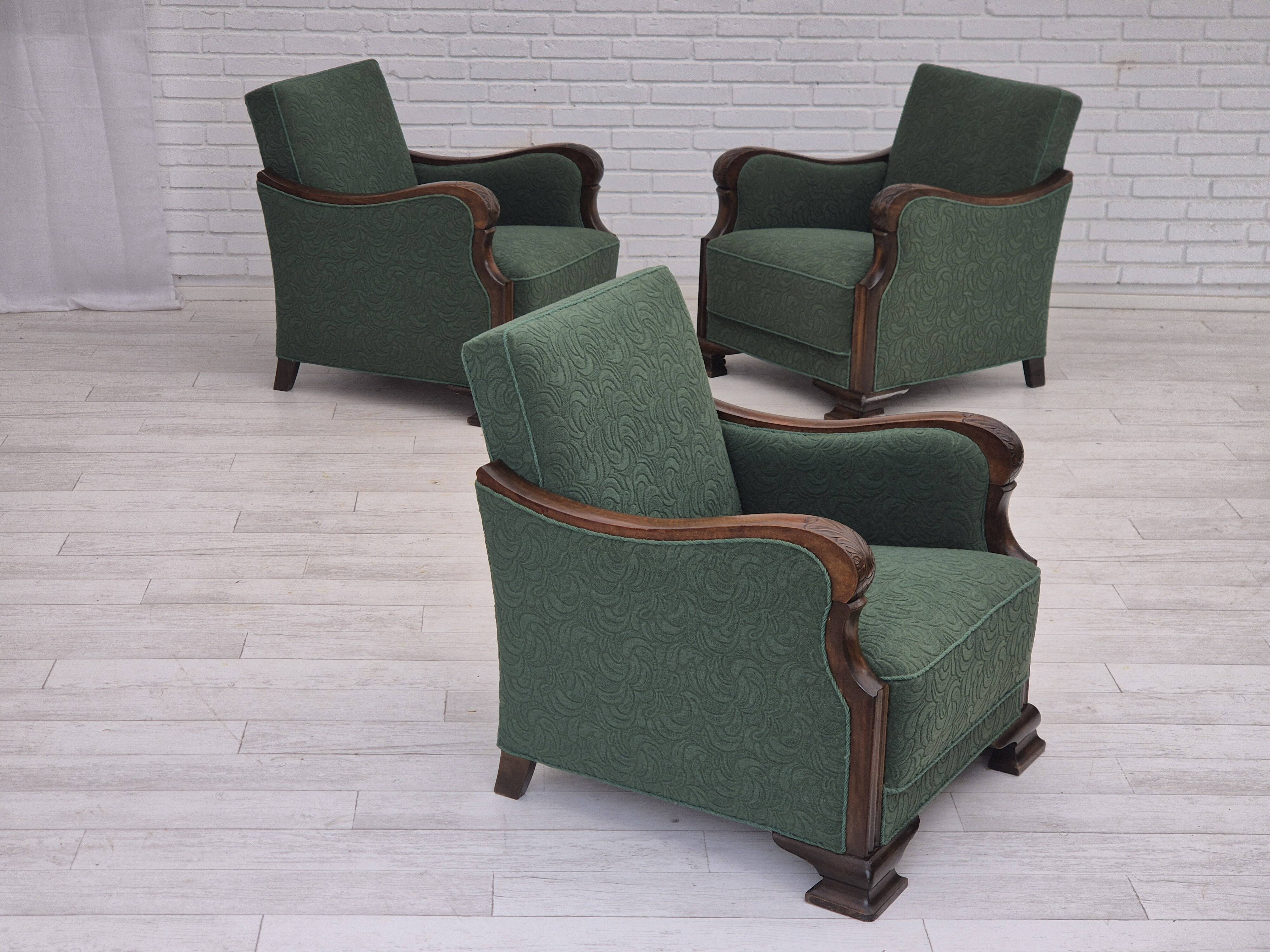 1950s, Danish relax chair, green furniture blend wool fabric, beech wood.