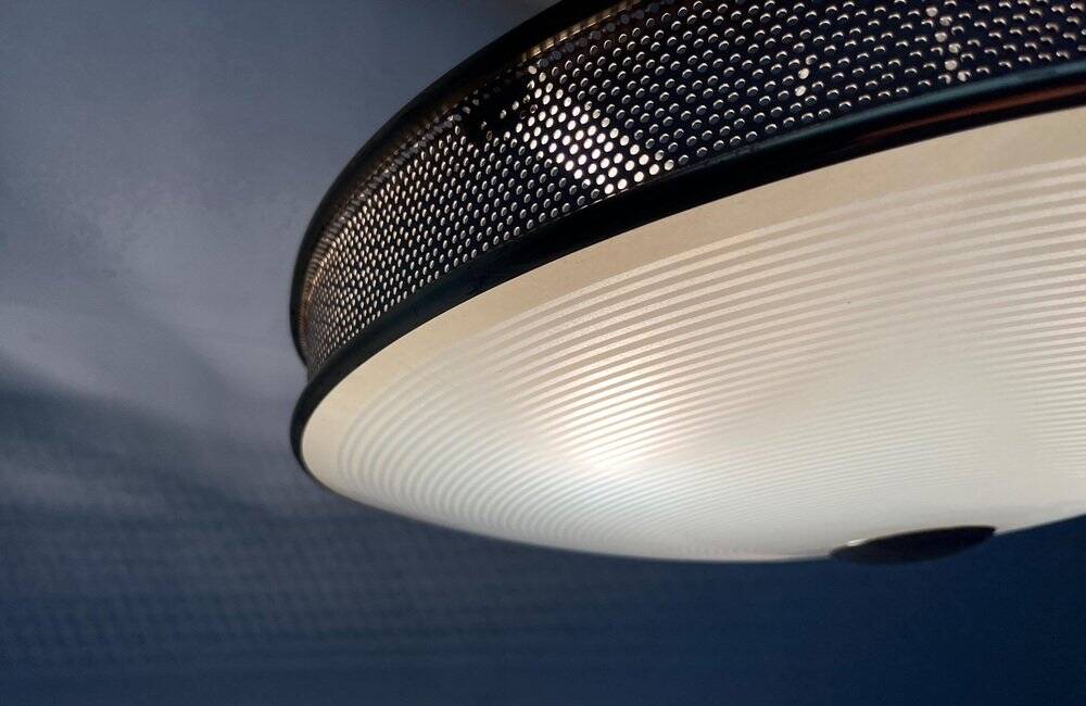 Metal ceiling pendant lamp, made of glass and metal, German mid-century modern style, 1960s.