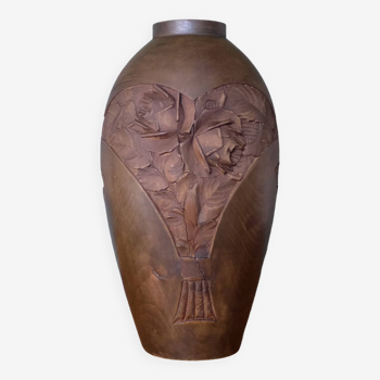 Art deco vase, carved wooden vase, carved vase with floral motifs, signed vase, interior decoration