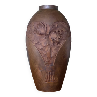 Vase art déco, vase bois sculpté, vase sculpté motifs florales, vase signé, décoration intérieur