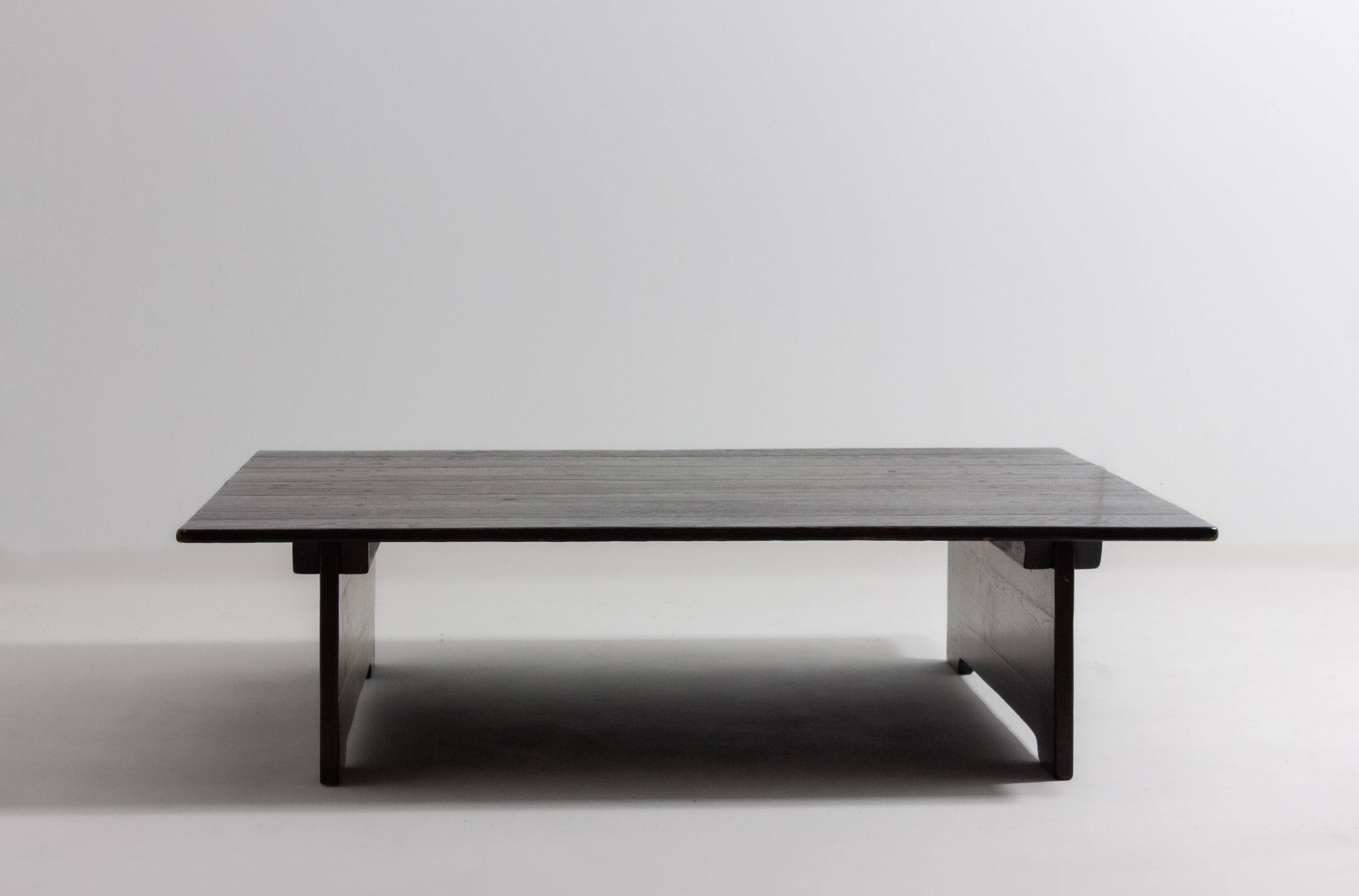Large rustic brutalist coffee table in patinated wood, 1980s
