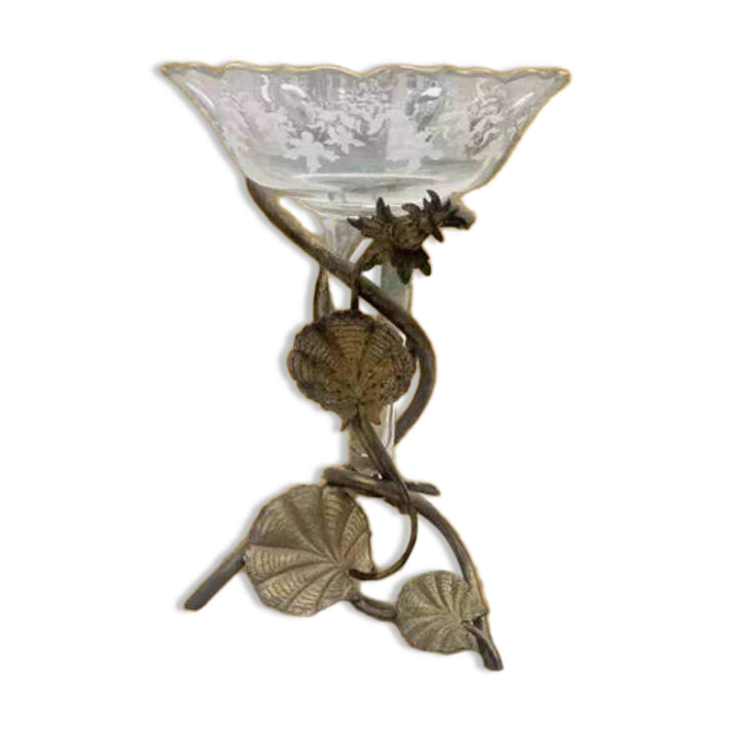 Antique bronze and brass mounted vase with engraved glassware