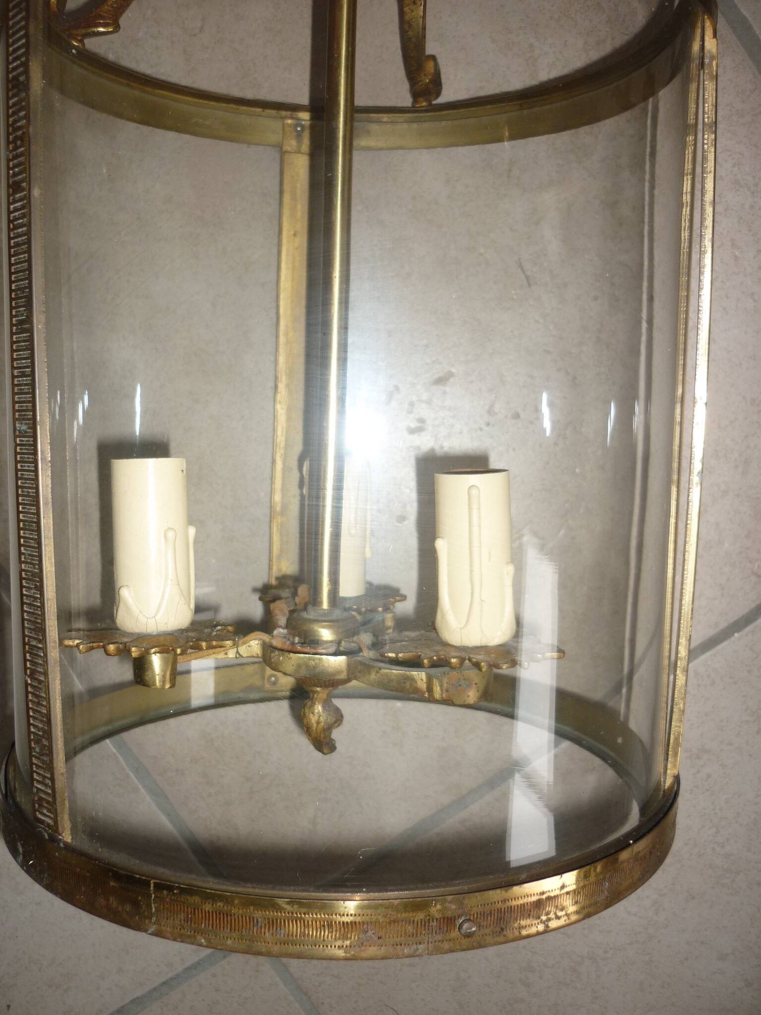 Antique glass and brass lantern pendant light, 3 lights