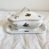 Saucière à couvercle ancienne en porcelaine de Limoges Haviland décor d'oiseaux