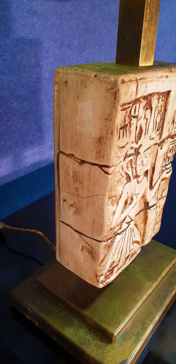 Vintage "Egyptomania" lamp in ceramic and patinated brass