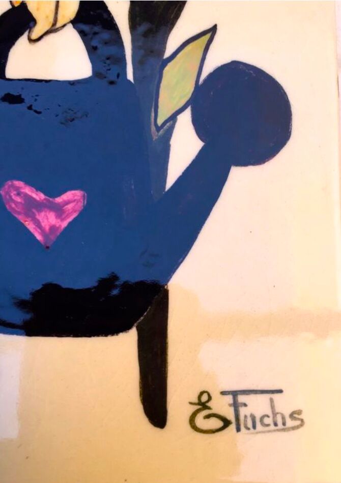 Vintage ceramic underside naïve rooster and gardener Dodik Bretagne naïve painting