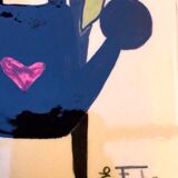 Vintage ceramic underside naïve rooster and gardener Dodik Bretagne naïve painting