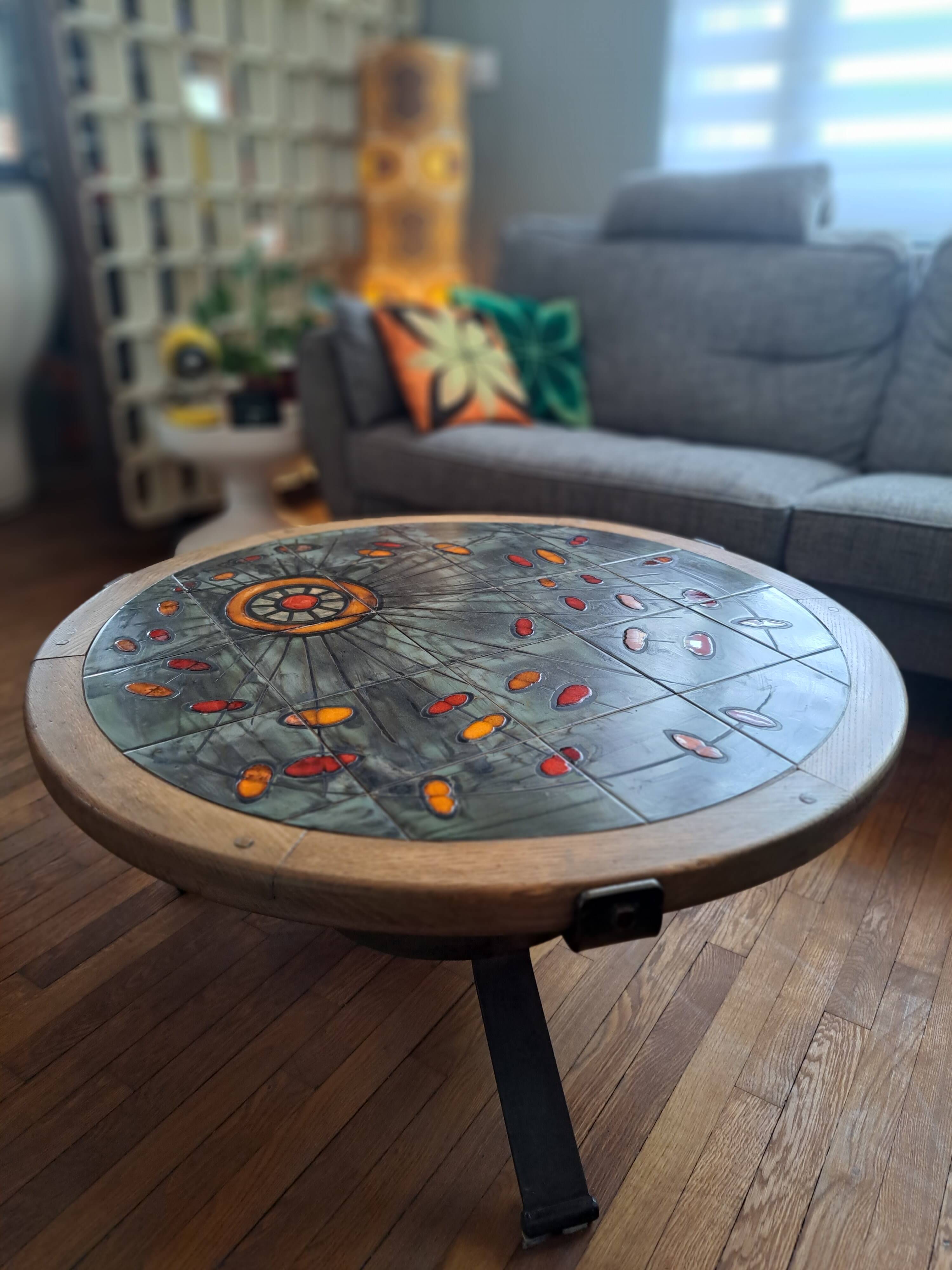 Vallauris coffee table signed drac 1960 wood earthenware steel