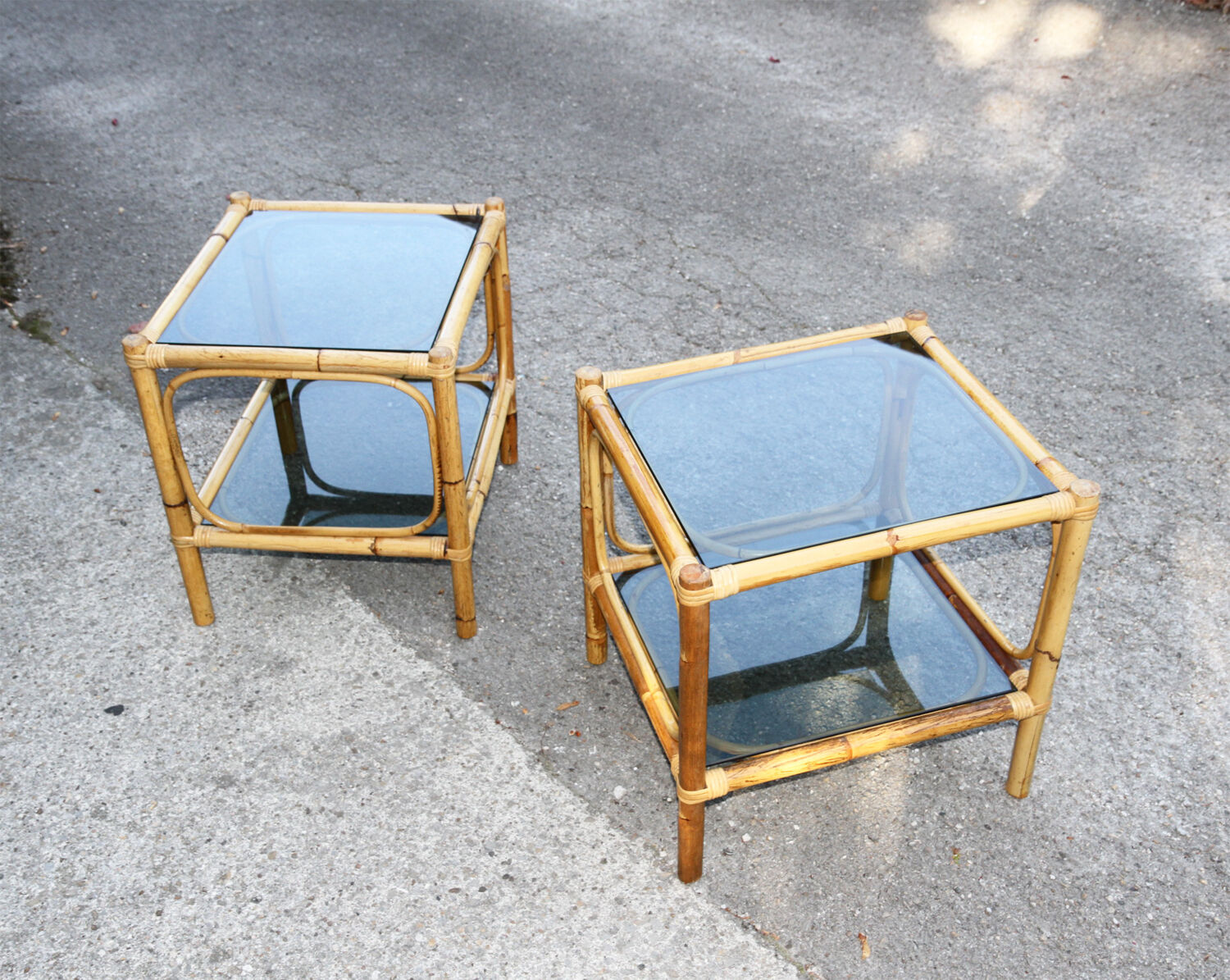Pair of bamboo and smoked glass vintage bedside tables