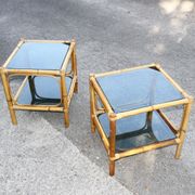 Pair of bamboo and smoked glass vintage bedside tables