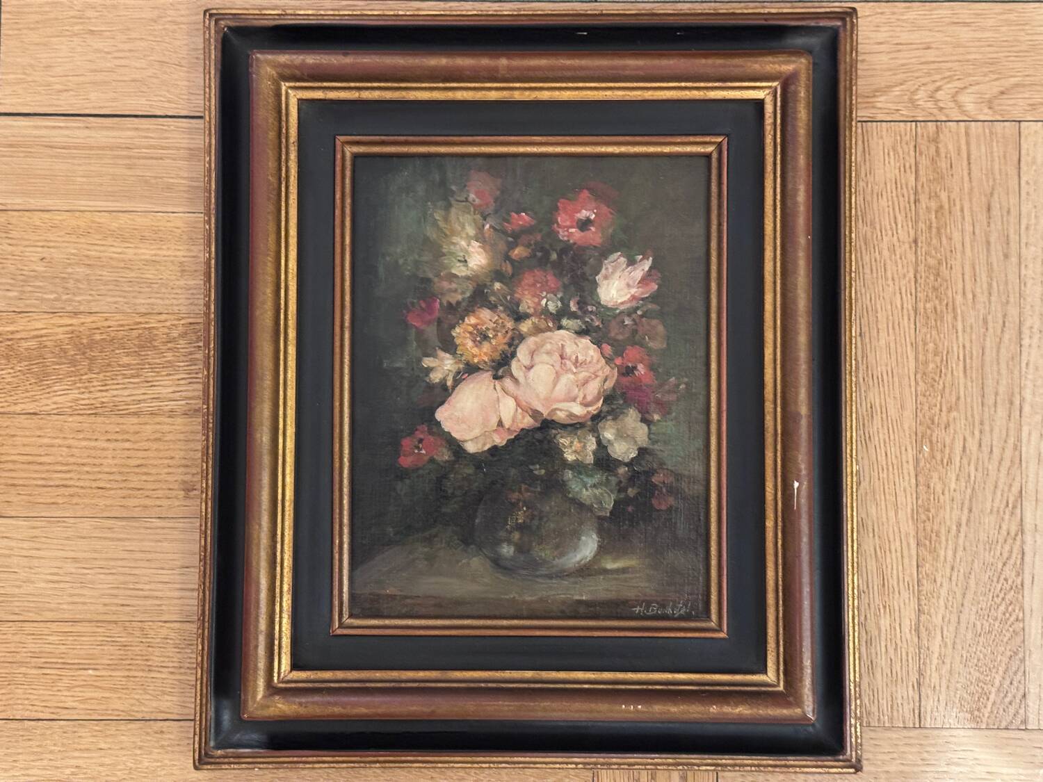 Oil on canvas by henri bonhotal - floral still life