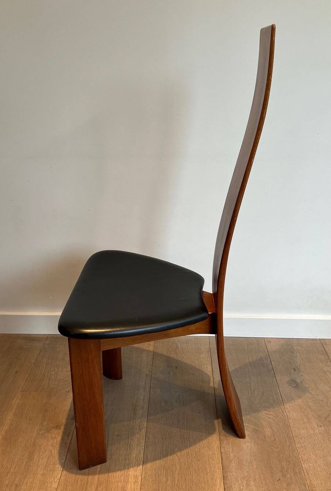 Pair of High Back Chairs, Exotic Wood & Black Leather, Scandinavian, varnished