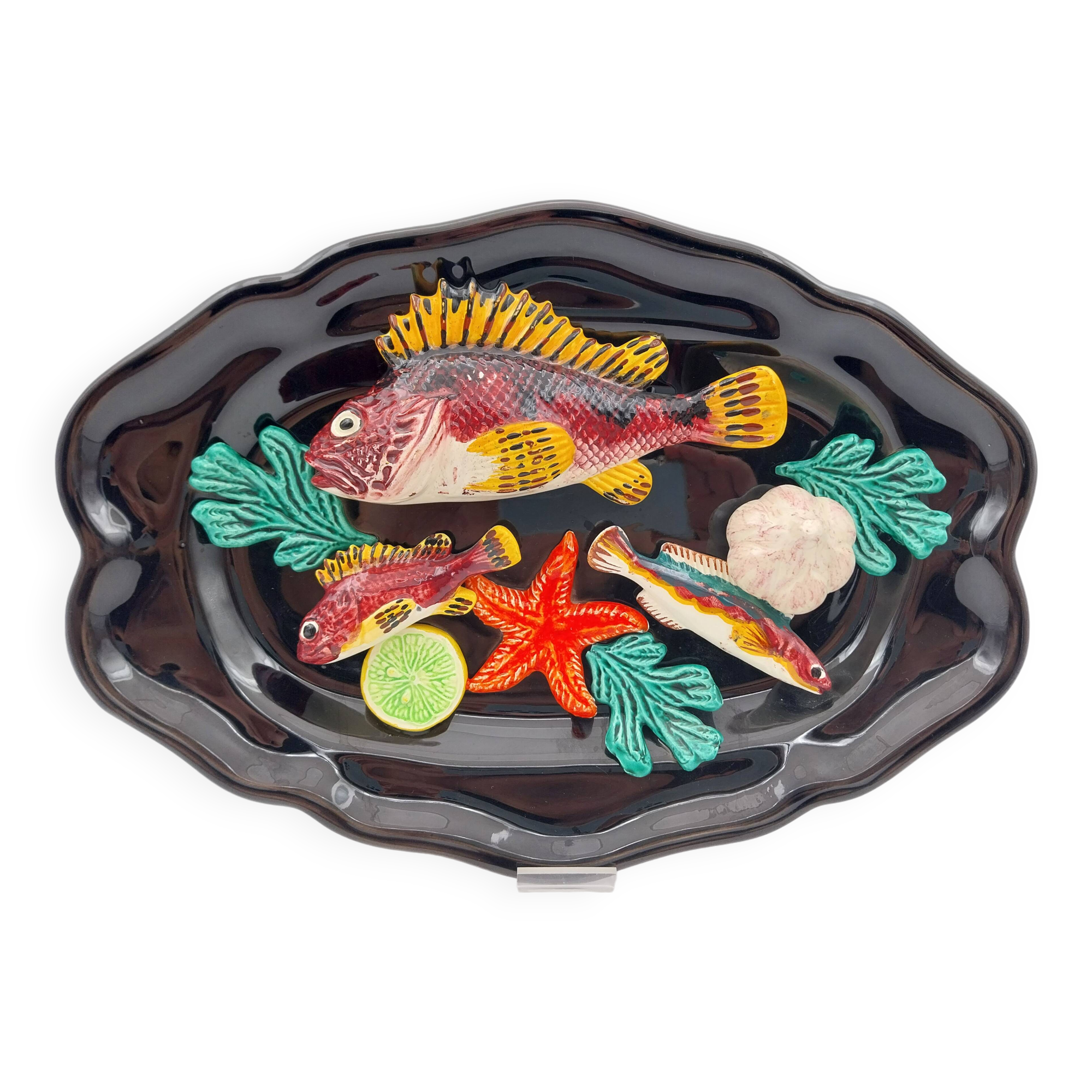 Ceramic dish barbotine vallauris trompe l'oeil kitsch Fish